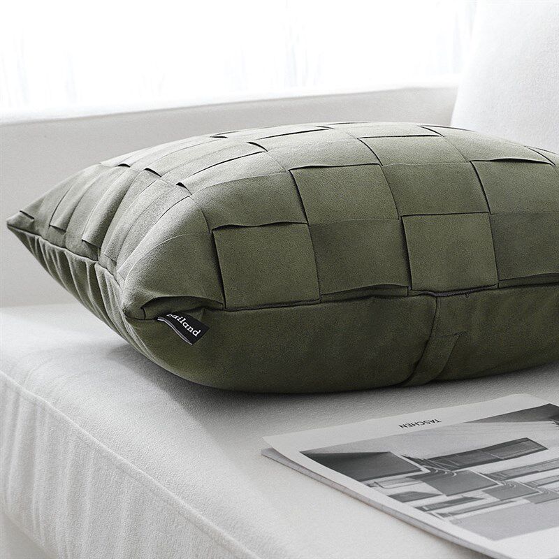 CS042橄榄绿皮绒手工编织格子北欧简约沙发抱枕靠垫样板间腰枕套