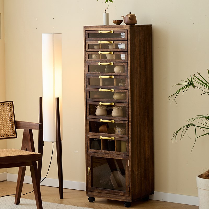 牙科柜茶具柜文玩收纳柜落地黑胡桃木边柜茶水柜茶杯放置柜50大人