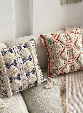 北欧摩洛哥抱枕套 编织流苏装饰客厅沙发靠垫 米白色民宿床头枕头