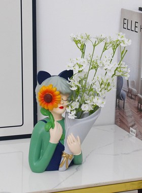 向日葵女孩捧花花瓶摆件客厅酒柜电视柜干花假花装饰乔迁新居送礼