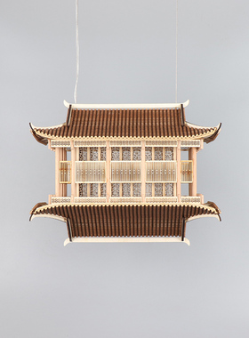 新中式木质手工倒影古建筑凉亭家居客厅酒店大堂造景悬挂镜像摆件