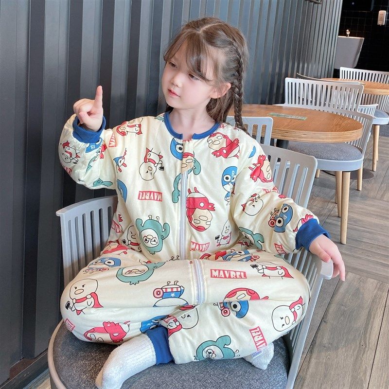 男童纯棉加厚保暖连体衣女孩秋冬恒温家居服宝宝卡通恐龙夹棉睡袋