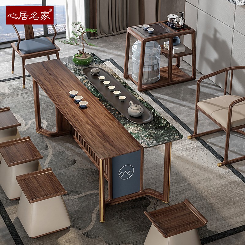 心居名家新中式实木茶台乌金木制作茶桌岩板面长桌干泡台胡桃木色