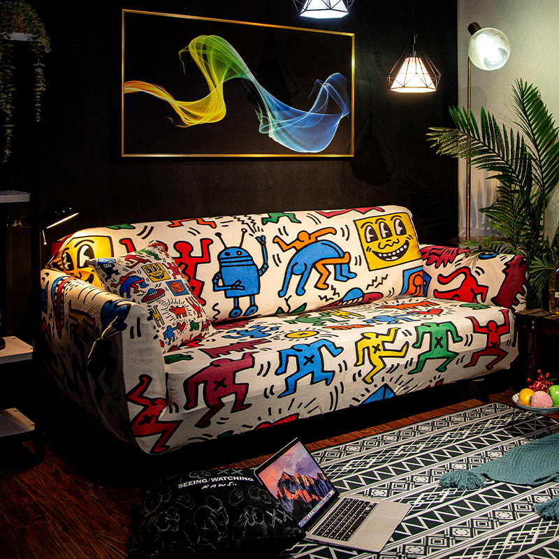 手绘插画全包沙发套懒人组合沙发垫防尘罩子卡通涂鸦双人沙发布艺