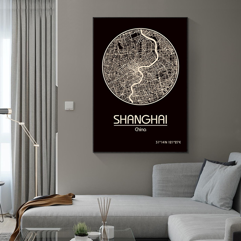 鳟鱼北欧装饰画城市地图定制客厅背景墙挂画餐厅壁画卧室床头画