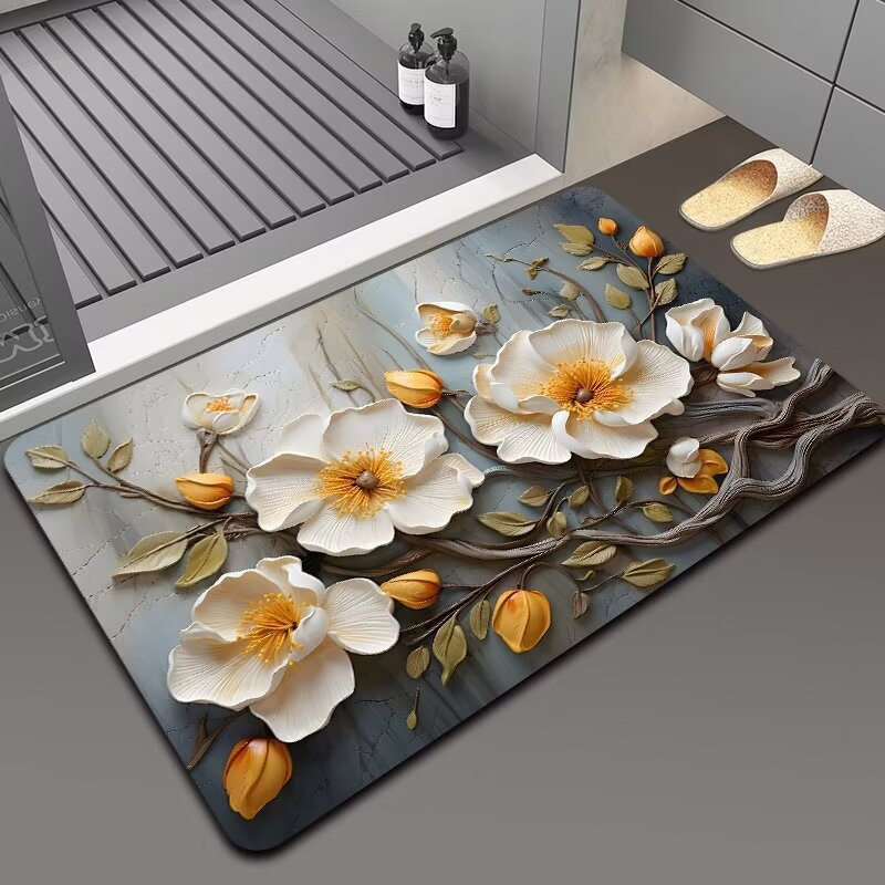 3D视觉油画花卉硅藻泥地垫浴室地