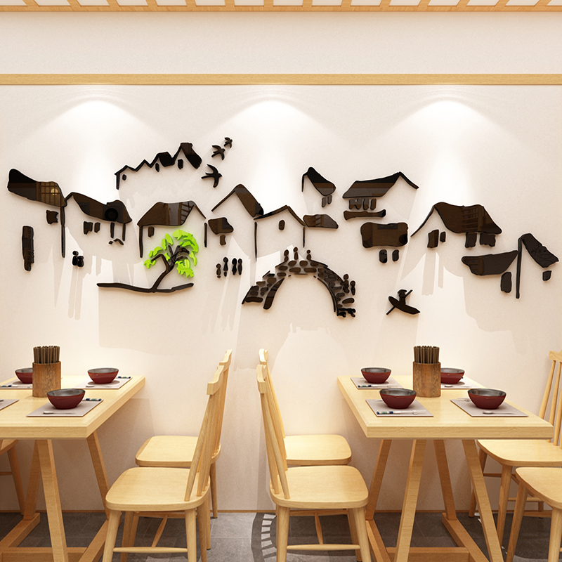 徽派建筑饭店墙面装饰品壁纸贴画中国风创意火锅餐饮馆厅包间背景图片