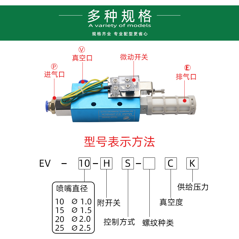 真空发生器气动大吸力真空发生器带开关EV-10HSCK/15HSCK/20HSCK