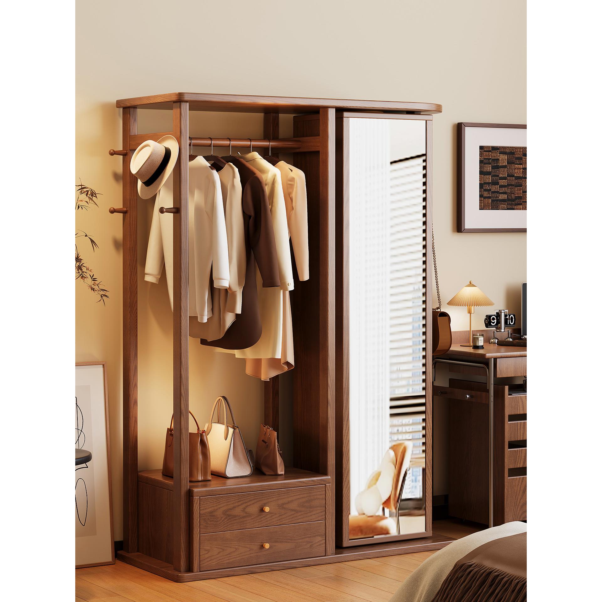 实木衣帽架卧室家用落地挂衣架带镜子入户可旋转穿衣镜置物收纳架