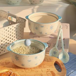 初雪陶瓷泡面碗带盖子高颜值学生宿舍专用泡面碗螺蛳粉碗双耳汤碗