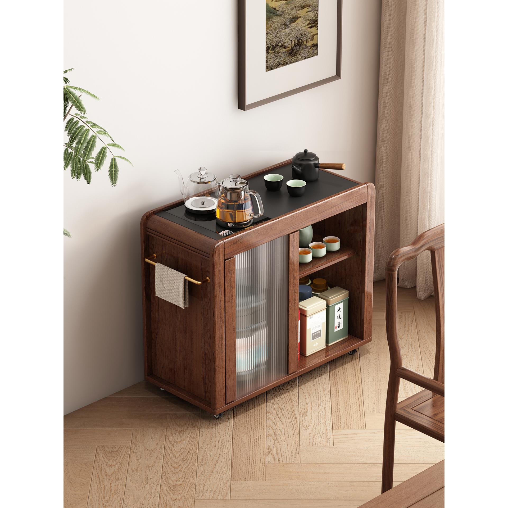 实木移动茶水柜烧水壶一体边几置物架中古风家用客厅沙发侧边柜