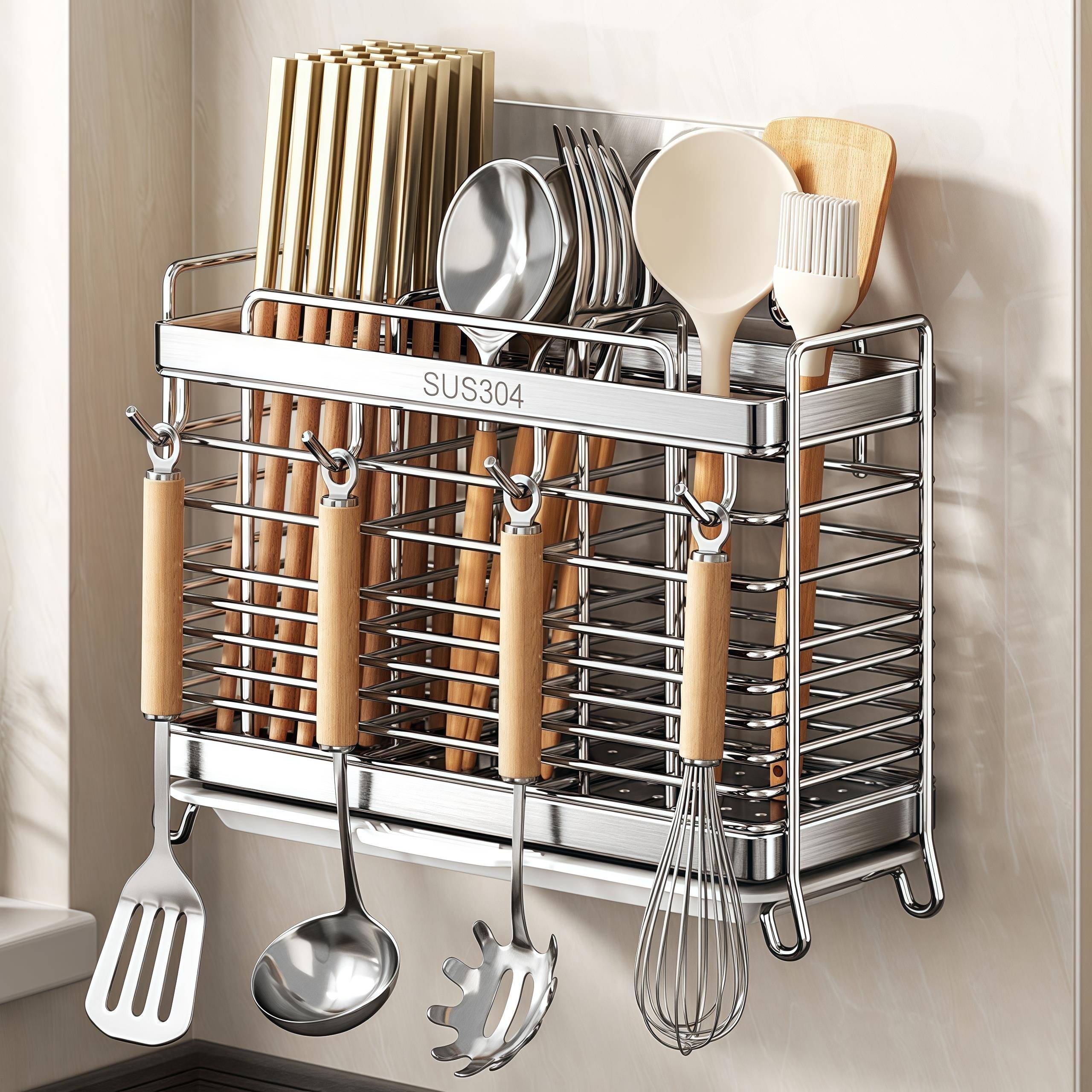 304不锈钢筷子筒壁挂式收纳盒筷子篓厨房筷子笼家用快勺子置物架