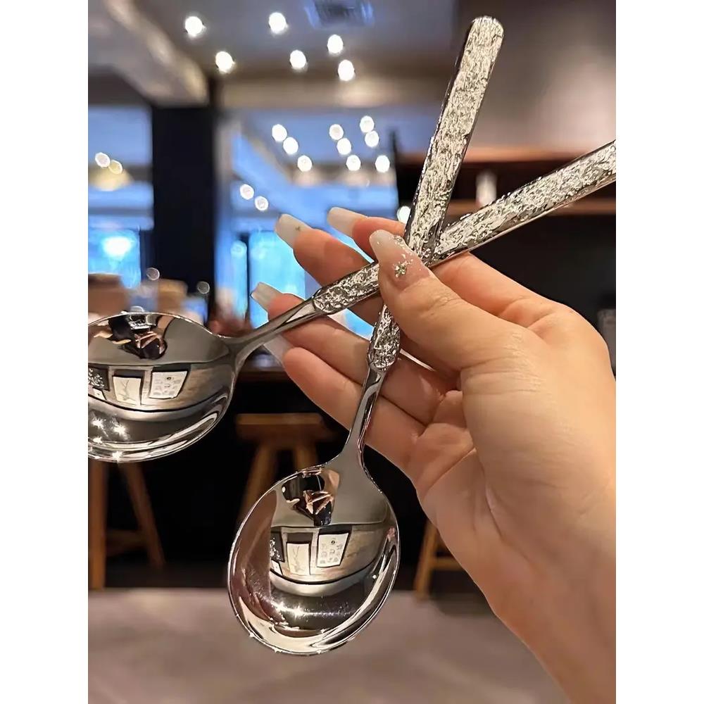 创意石纹食品级不锈钢熔岩石纹圆头勺吃饭勺子汤匙调羹长柄大圆勺