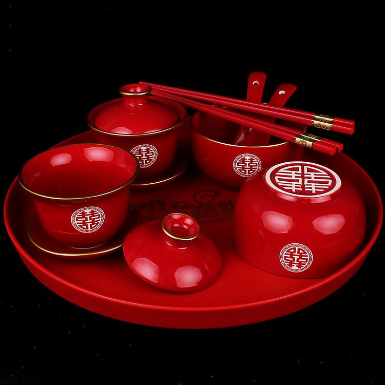 婚庆用品结婚陪嫁酒红喜碗一对陶瓷碗盖碗改口敬茶杯喜庆红碗回礼
