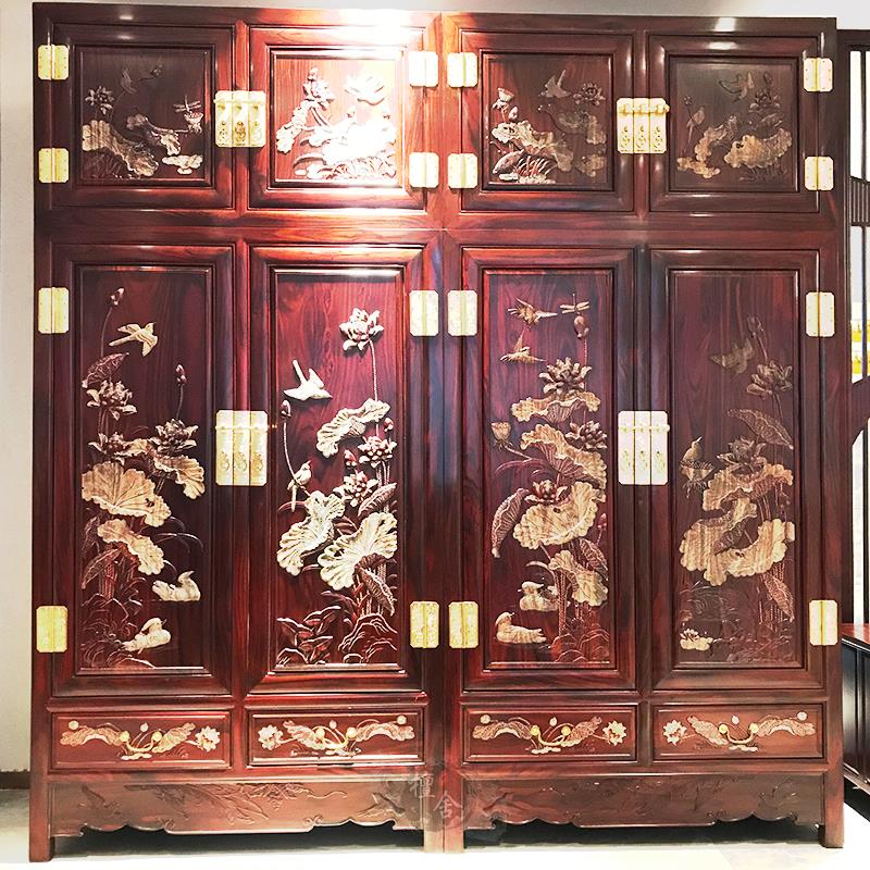 红木家具印尼黑酸枝荷花顶箱柜阔叶黄檀中式实木四门衣柜大衣橱