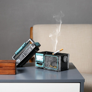 创意树脂烟灰缸复古带盖收音烟缸客厅办公室防风烟灰缸