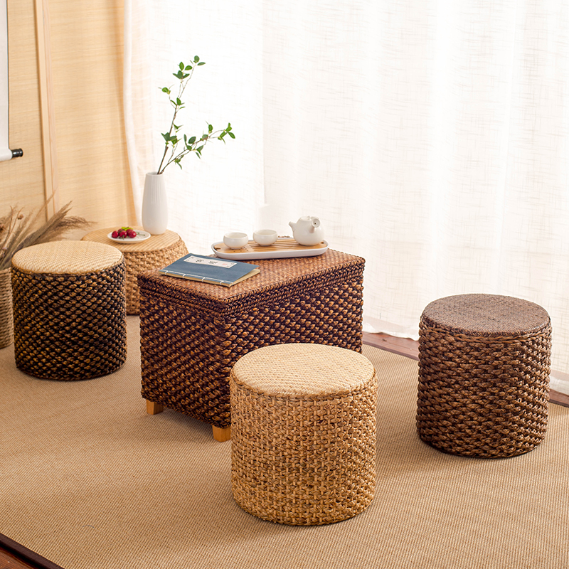 创意矮凳藤编家用沙发凳换鞋凳阳台坐凳实木凳草编坐墩茶几圆