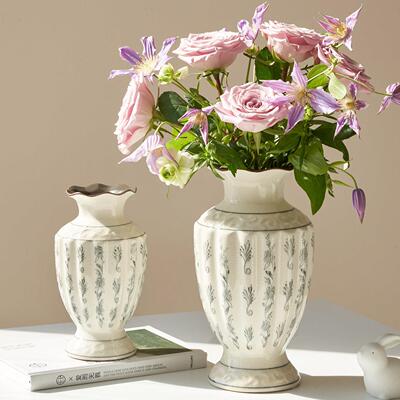 法复花古陶瓷式花瓶白色雕花RY-445纹理水培插鲜客厅装饰品摆件花
