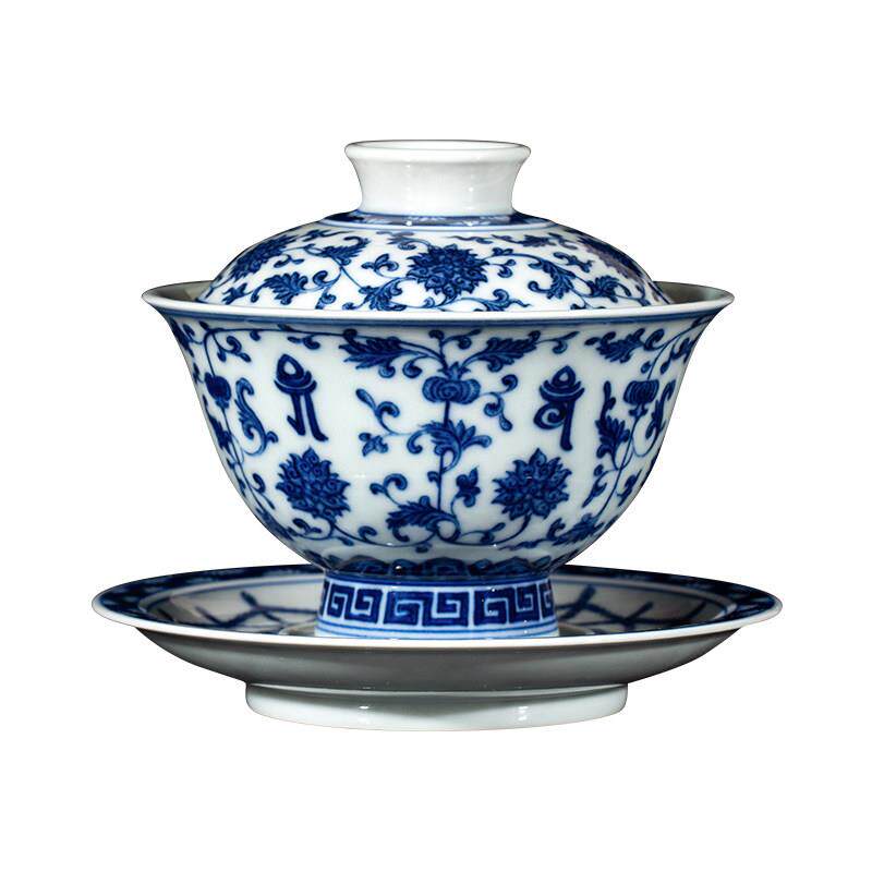 盖碗茶杯景德镇青花柴窑纹手盖绘文点工ZJY0341缠枝花梵小号三才