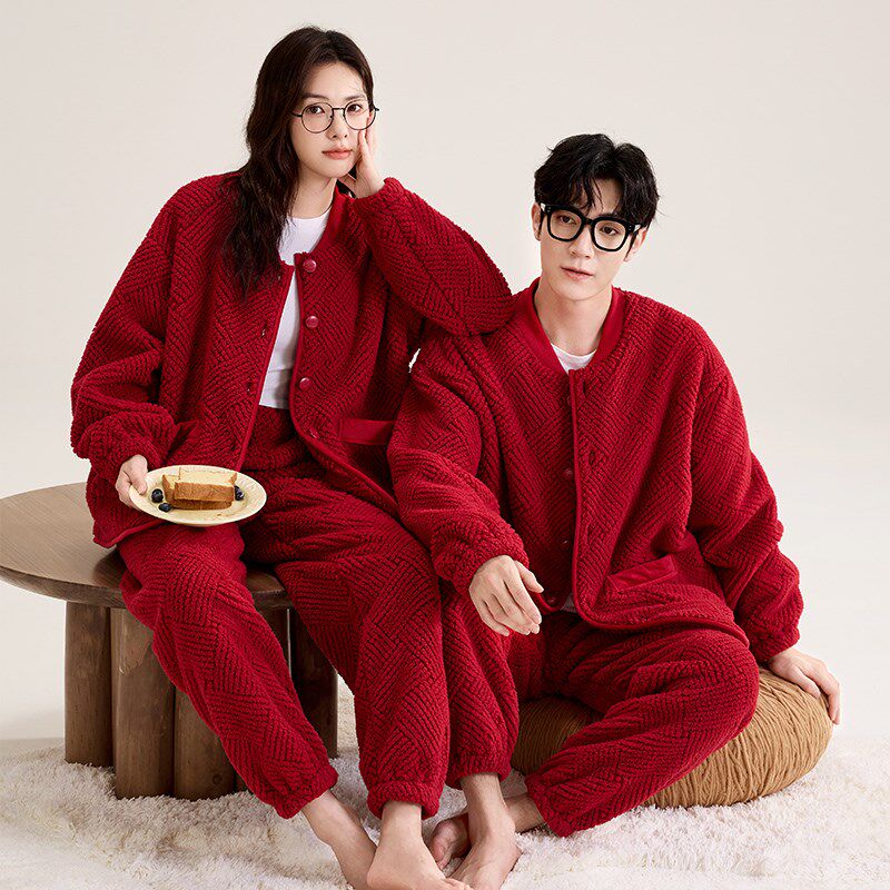 玛伦萨红色暖绒睡衣情侣本命年男士加厚加绒结婚保暖家居服套装女