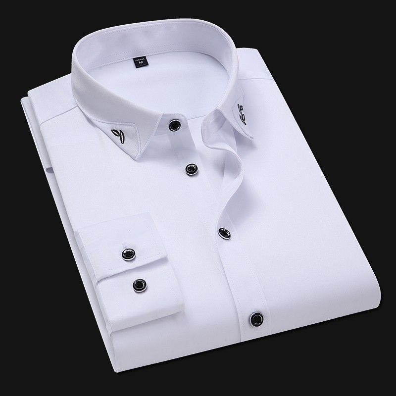 浅蓝色衬衫衣男长袖修身秋季无痕寸衣大码抗皱弹力光滑西装衬衣土