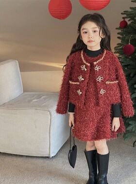 YFY女童冬季新款红色高级圣诞新年套装背心裙外套喜庆毛绒感礼服