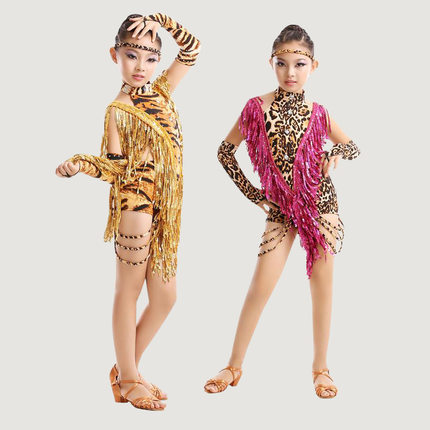 儿童拉丁舞演出服女童豹纹拉丁亮片流苏比赛舞蹈服装少儿亮钻拉丁