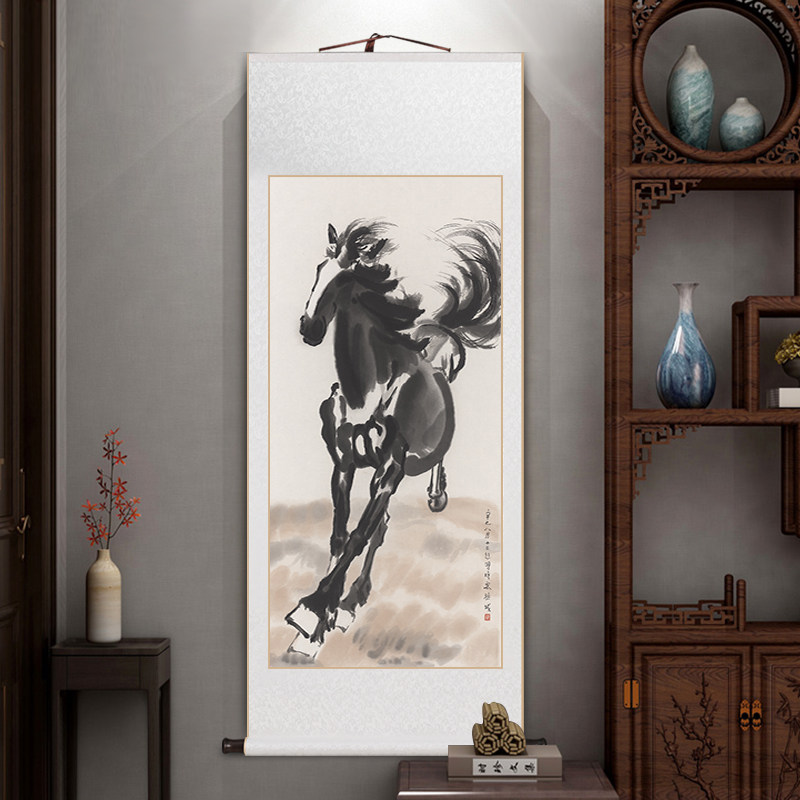 徐悲鸿马新中式客厅玄关装饰画卷轴字画中国风老板书房办公室挂画