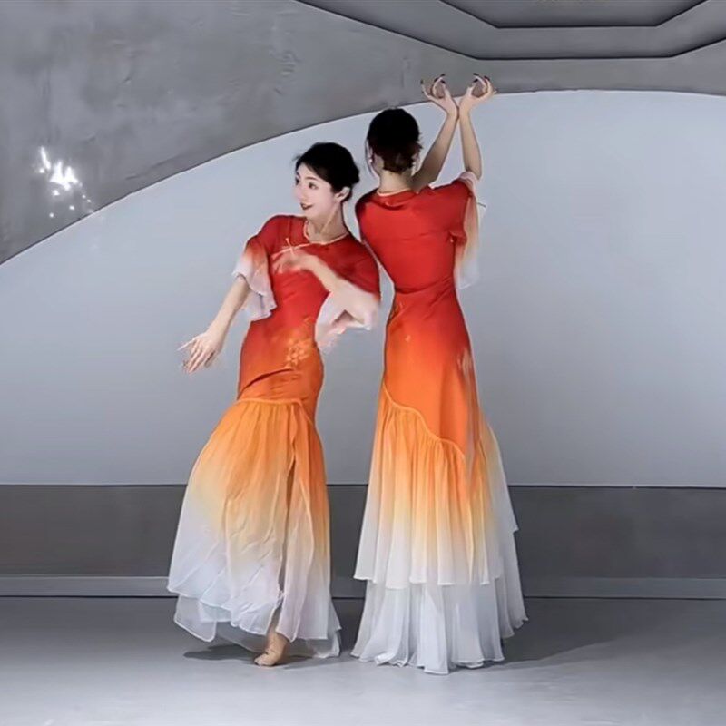 鲤美人女中国花朵旗袍披帛意古典舞舞蹈服古典舞舞红裙新款服飘逸