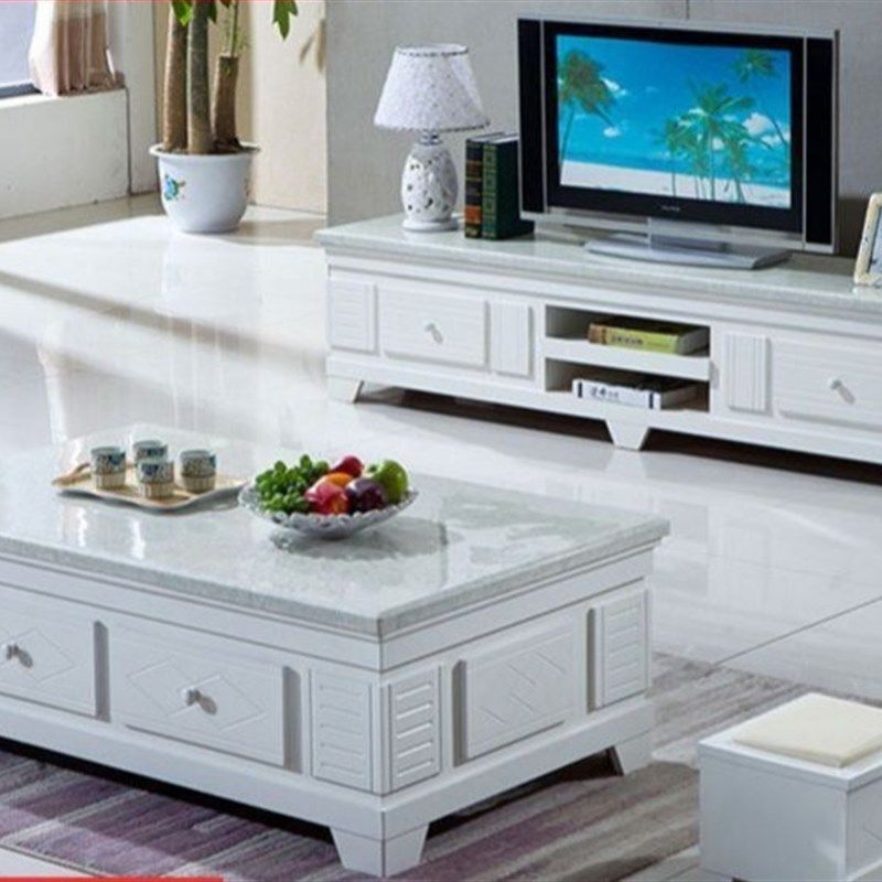 大理石茶几电视柜套装组合住宅家用客厅中式美式实木茶台带储物凳