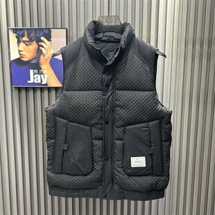 早冬新款男士立领羽绒棉菠萝纹马甲加厚防风保暖机能风背心无袖潮