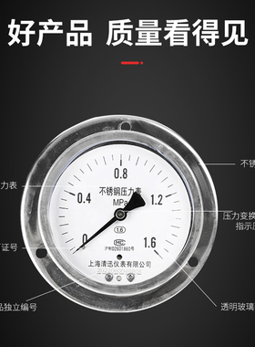 不锈钢压力表Y100BFZT轴向带边面板式固定安装耐温型防腐蚀1.6MPA