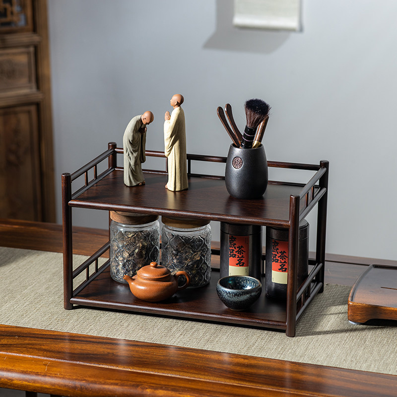 中式双层茶杯架子壶架茶台桌面收纳小置物架博古架圆竹茶棚多宝阁