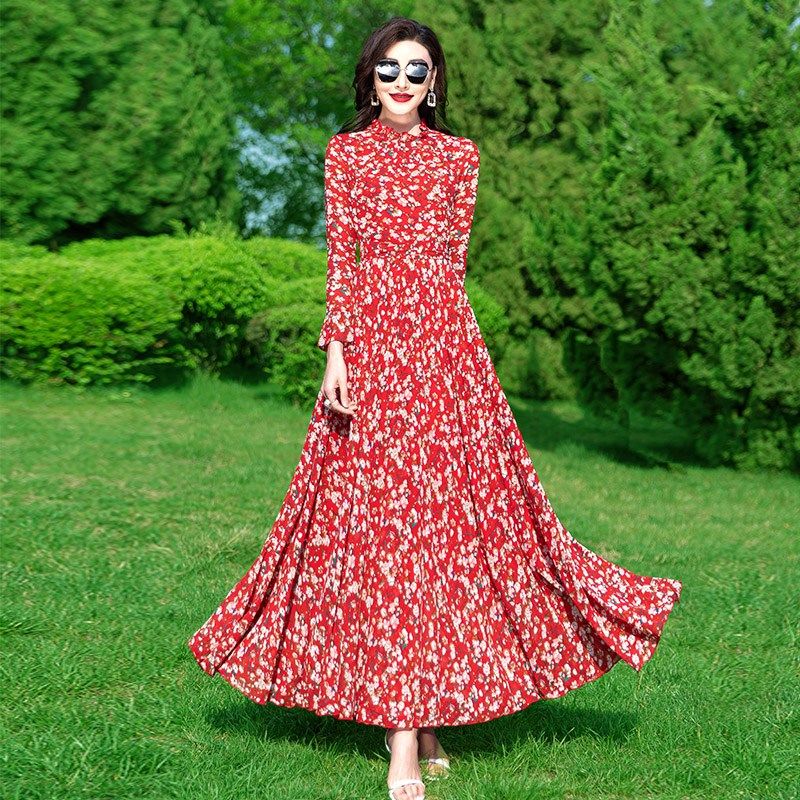 长袖碎花连衣裙女2024夏季雪纺大摆高级感长款气质显瘦长裙到脚踝