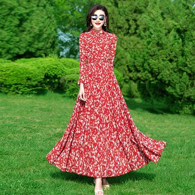 长袖碎花连衣裙女2024夏季雪纺大摆高级感长款气质显瘦长裙到脚踝