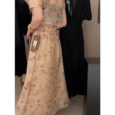 PUTIAN朴恬时尚微透碎花衬衫套装裙2024夏装新款高腰百搭半身裙潮