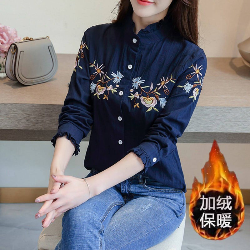 纯棉衬衣2020春秋新款绣花木耳领白色立领长袖女士百搭衬衫上衣女