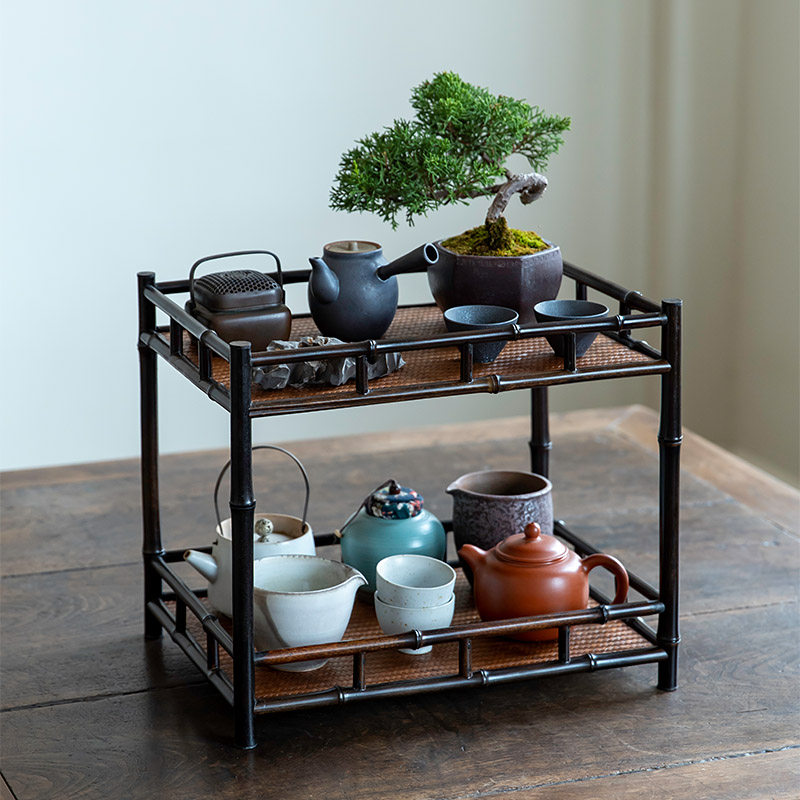 艳库/大漆茶具收纳架双层茶杯架子壶架茶桌置物架文玩古玩展示架