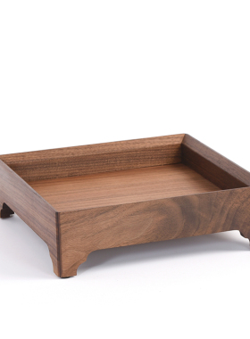 黑胡桃实木新中式茶空间复古高脚托盘茶道文房果盘茶具干果收纳盘