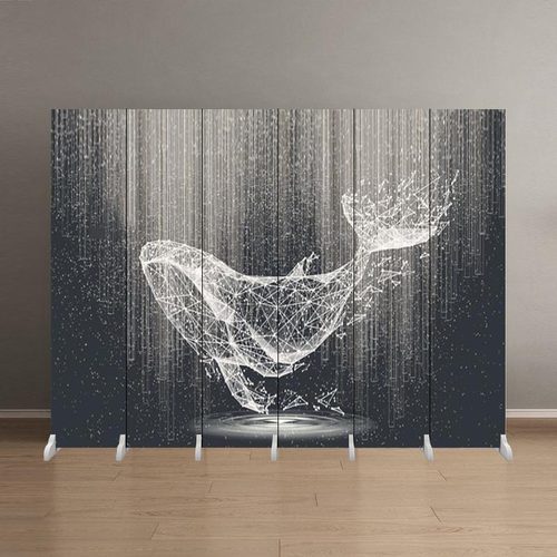 轻奢屏风隔断客厅移动摺叠简约玄关办公室遮挡折屏抽象鲸鱼图