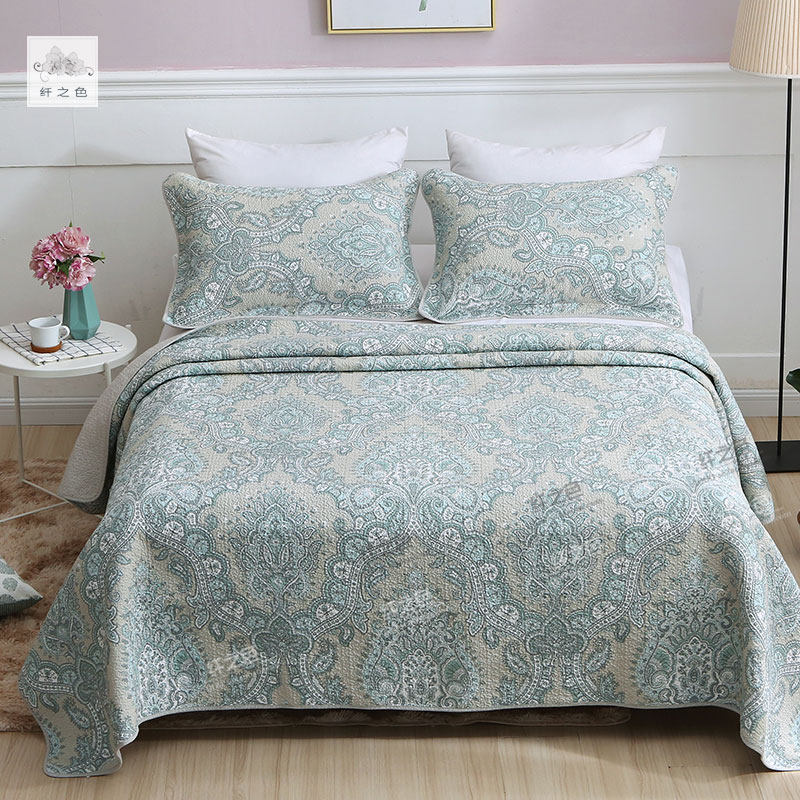 欧式复古全棉绗缝床盖加棉三件套床单被单多功能床罩防尘纤之色