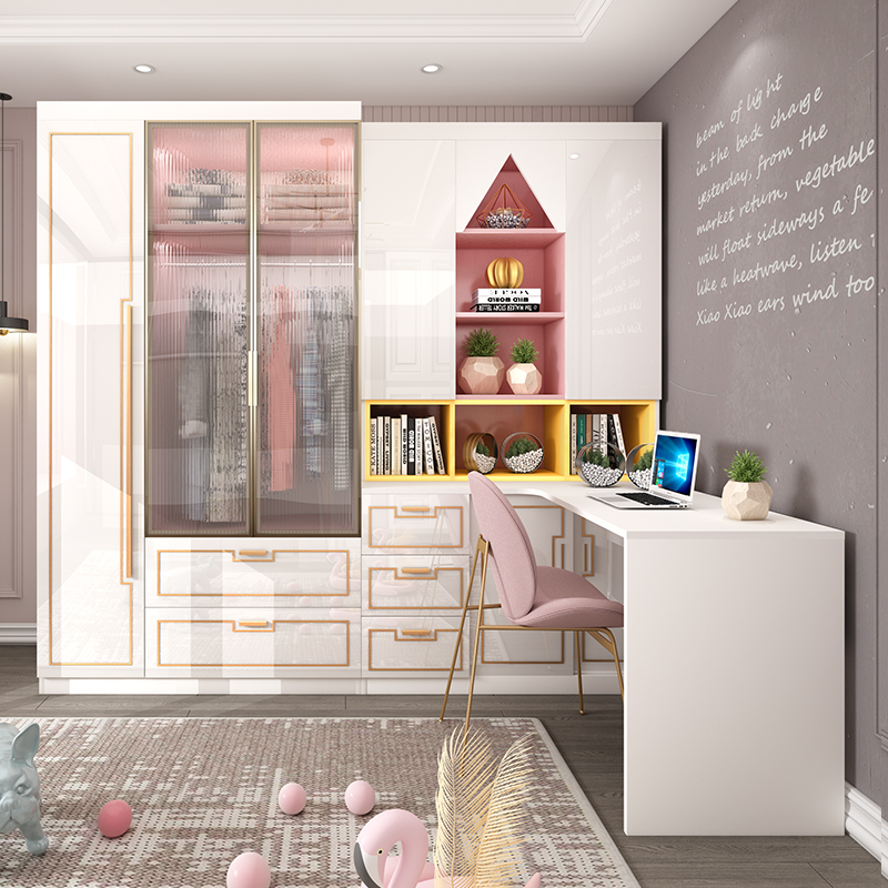 粉色实木转角书桌衣柜组合卧室电脑桌家用简约学生书柜一体学习桌