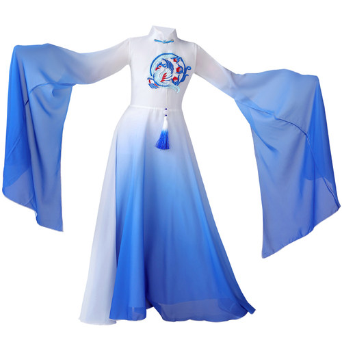 女童汉服古筝水袖舞蹈演出服儿童中国风长笛钢琴大童长裙表演服装