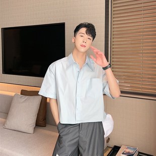 陈大富时尚短款短袖衬衫男士2023新款宽松设计感走秀款简约衬衣夏