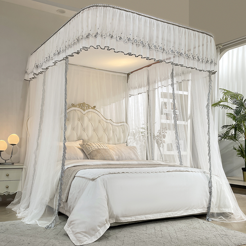 u型导轨蚊帐2023新款家用免安装落地公主床帘缦纱1.8米宫廷加粗架