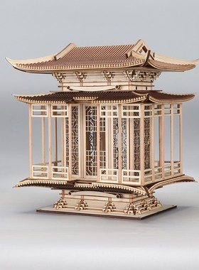 新中式创意仿古建筑雕塑台样板间书房客厅玄关博古架软装饰品摆件