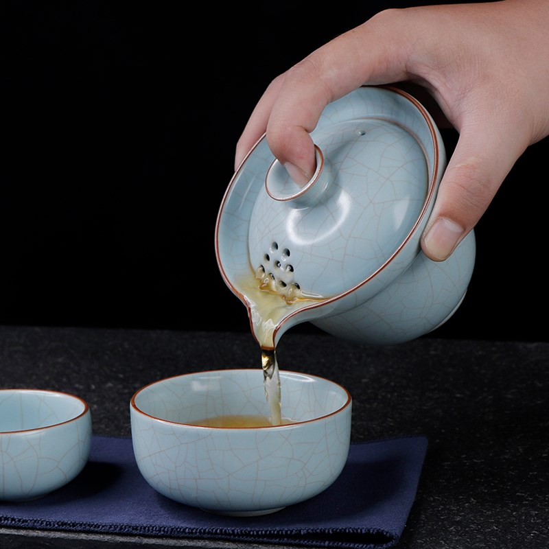 开片汝窑手抓快客杯陶瓷一壶三杯便携包旅行功夫茶具户外高端套装