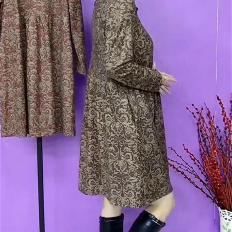 春秋新款复古花拼接连衣裙宽松遮肚显瘦百搭休闲长袖中长款POLO裙