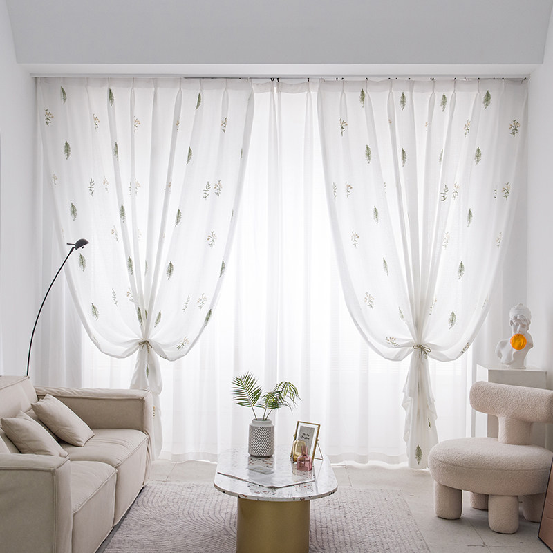 美式森系田园风飘窗纱帘绿色小清新窗纱迪定制纱透光不透人卧室