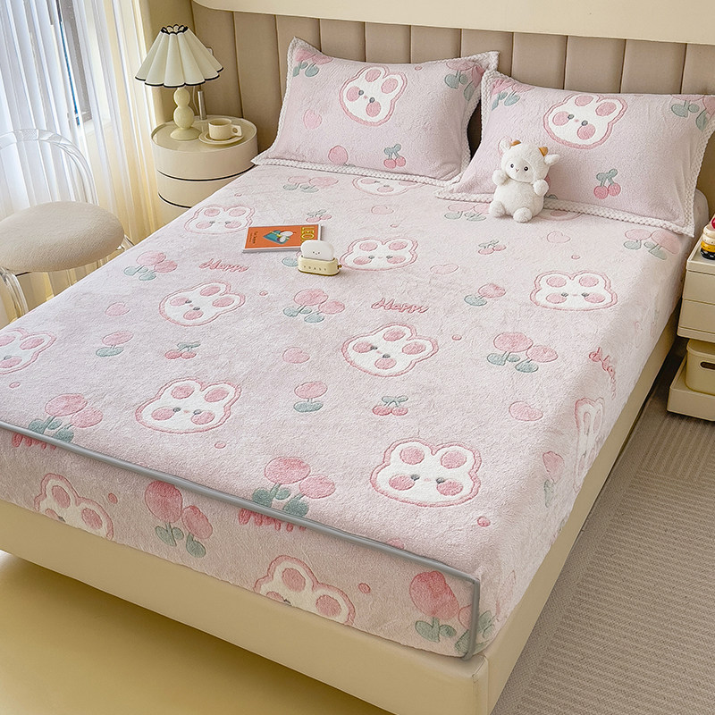 秋冬季儿童牛奶珊瑚绒床笠加绒床罩2023新款女孩加厚床垫套床包